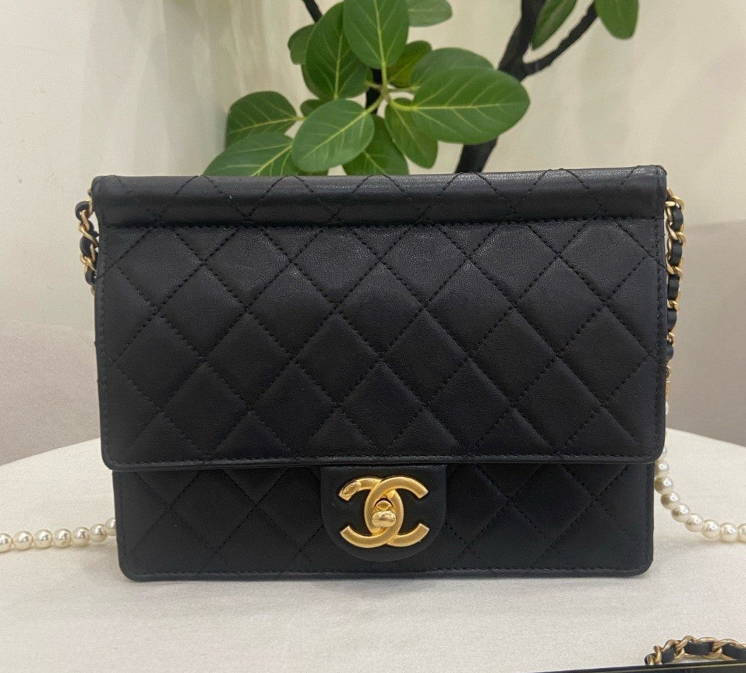 Chanel Classic Flap PM Lambskin Pearl Chain Shoulder Bag Black Gold Women