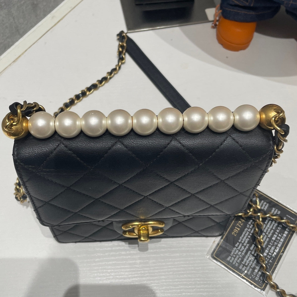 Chanel Black Gold Pearl Chain Shoulder Crossbody Bag Classic Quilted