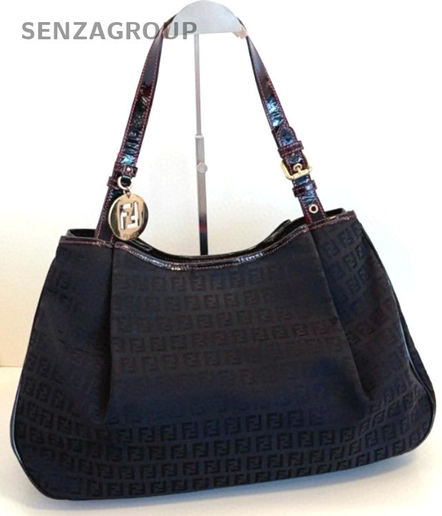 Fendi Classic Monogram Logo Shoulder Handbag Black Canvas