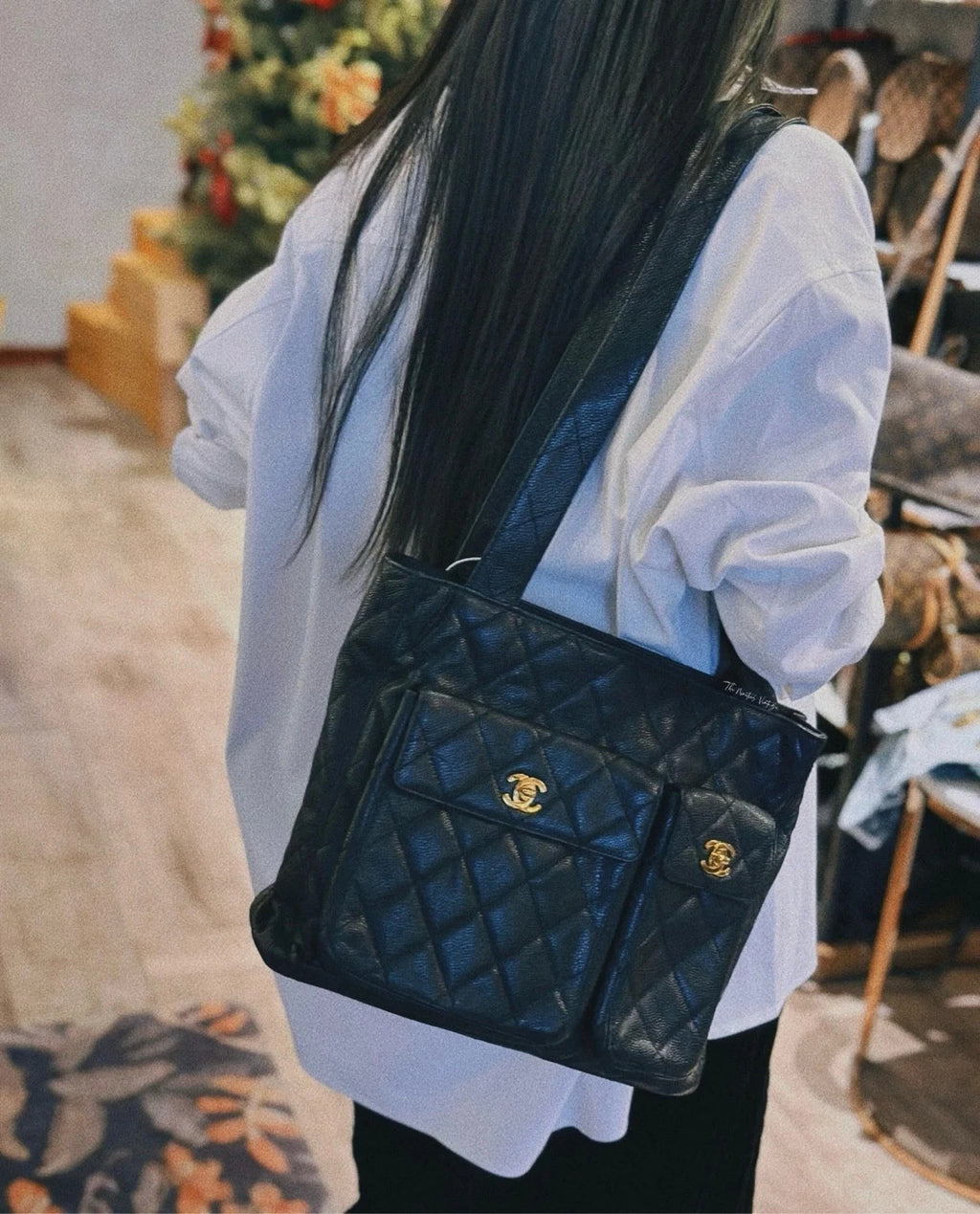 CHANEL Black Leather Double Logo Shoulder Bag For Women