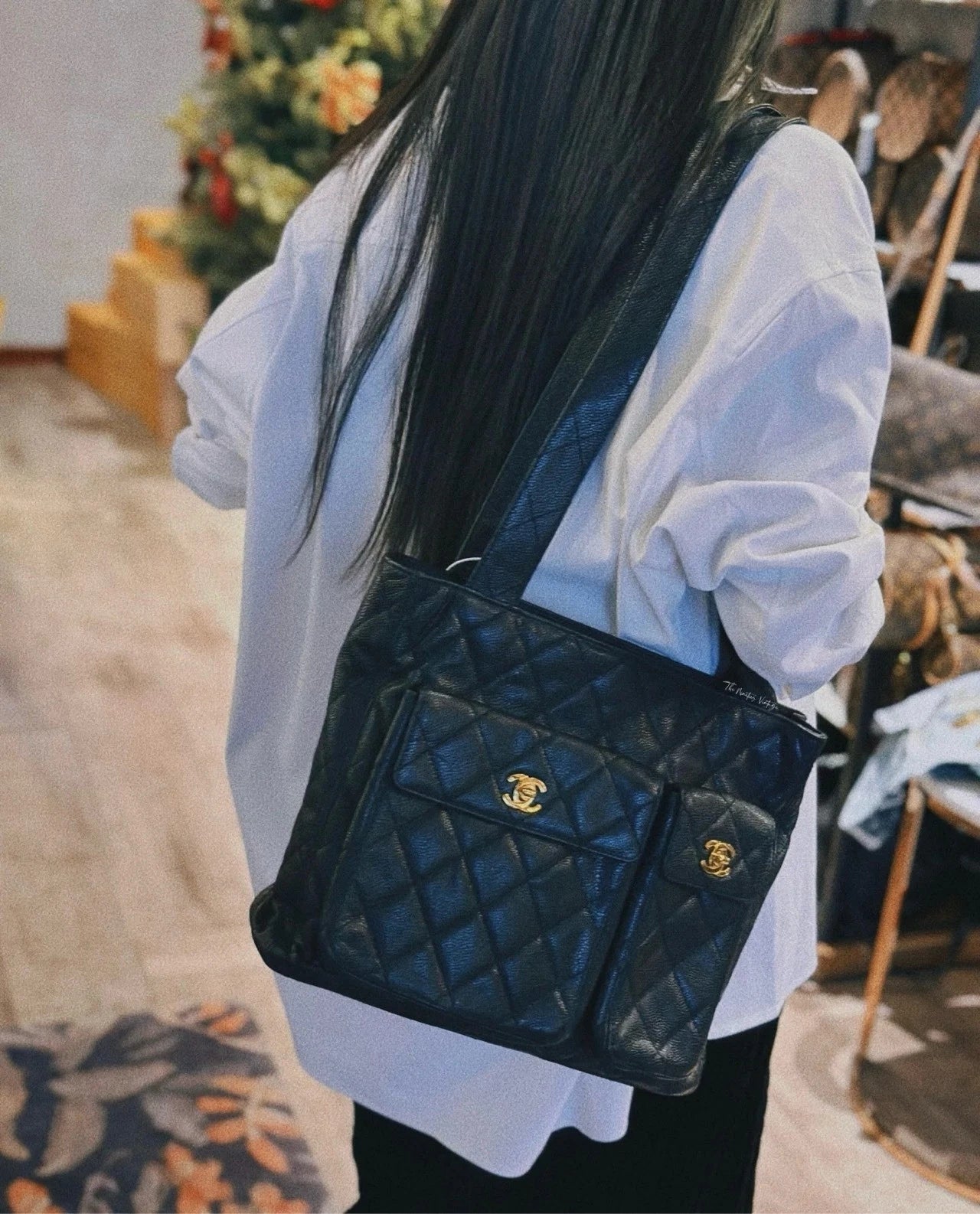 CHANEL Black Leather Double Logo Shoulder Bag For Women