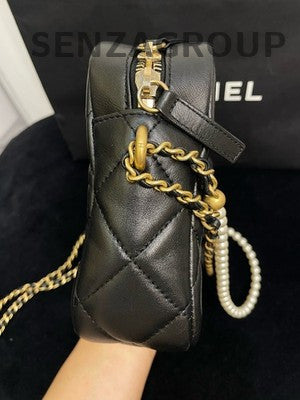 Chanel 21K Black Pearl Gold Chain Phone Bag Crossbody Women's Quilted