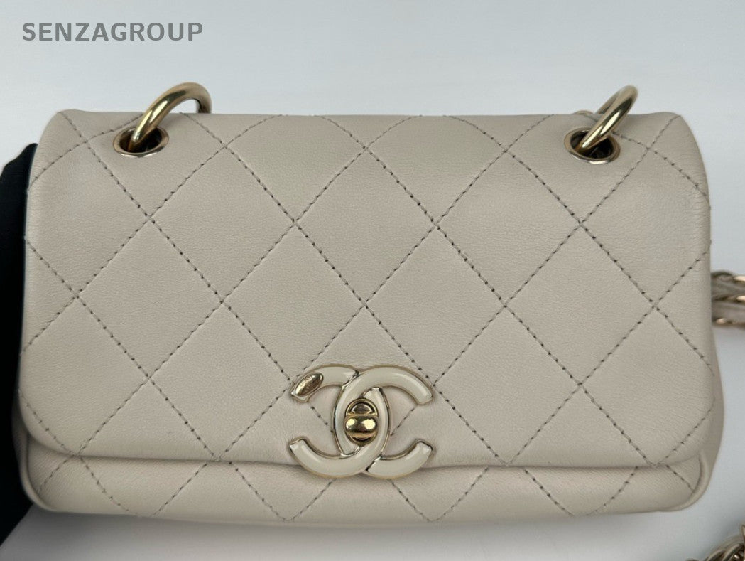 Chanel Classic Flap Mini Diamond Chain Shoulder Bag Beige Gold Women Designer