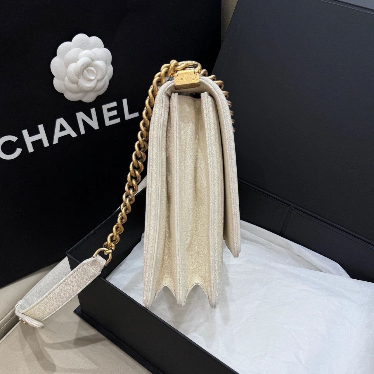 CHANEL White Leather Leboy Shoulder Crossbody Bag For Women