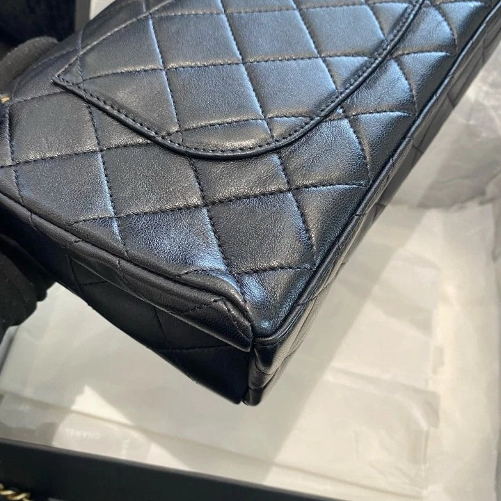 Chanel Classic Flap Lambskin Chain Shoulder Crossbody Black Gold Women Fashion D