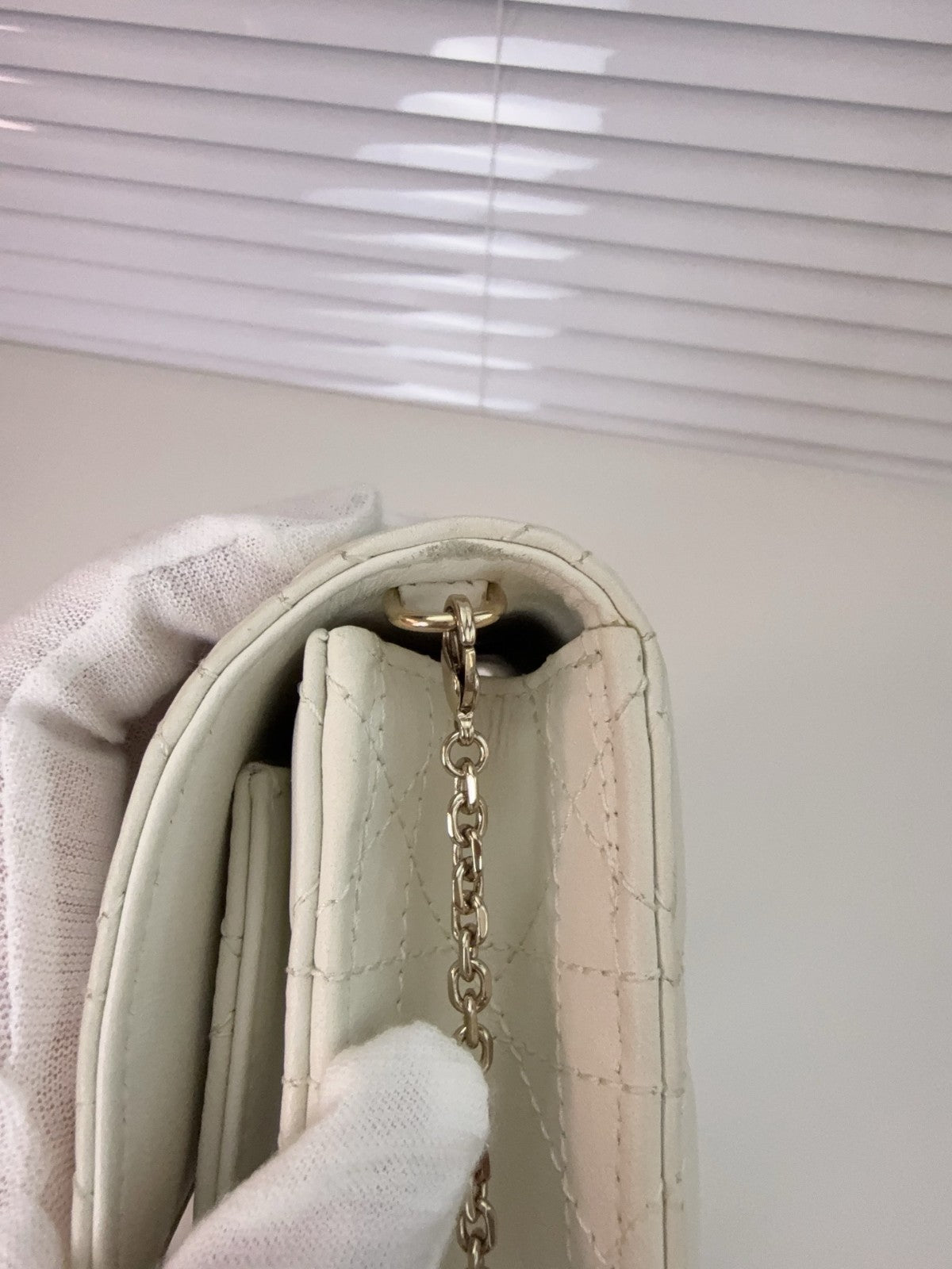 Christian Dior Woc Lambskin Wicker check pattern Chain Shoulder bag White Gold