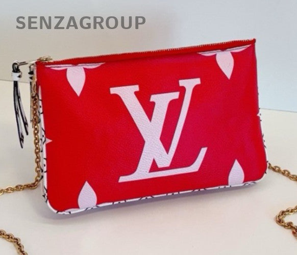 Louis Vuitton Pochette Double Zip Chain Shoulder Bag Red Gold Women Classic