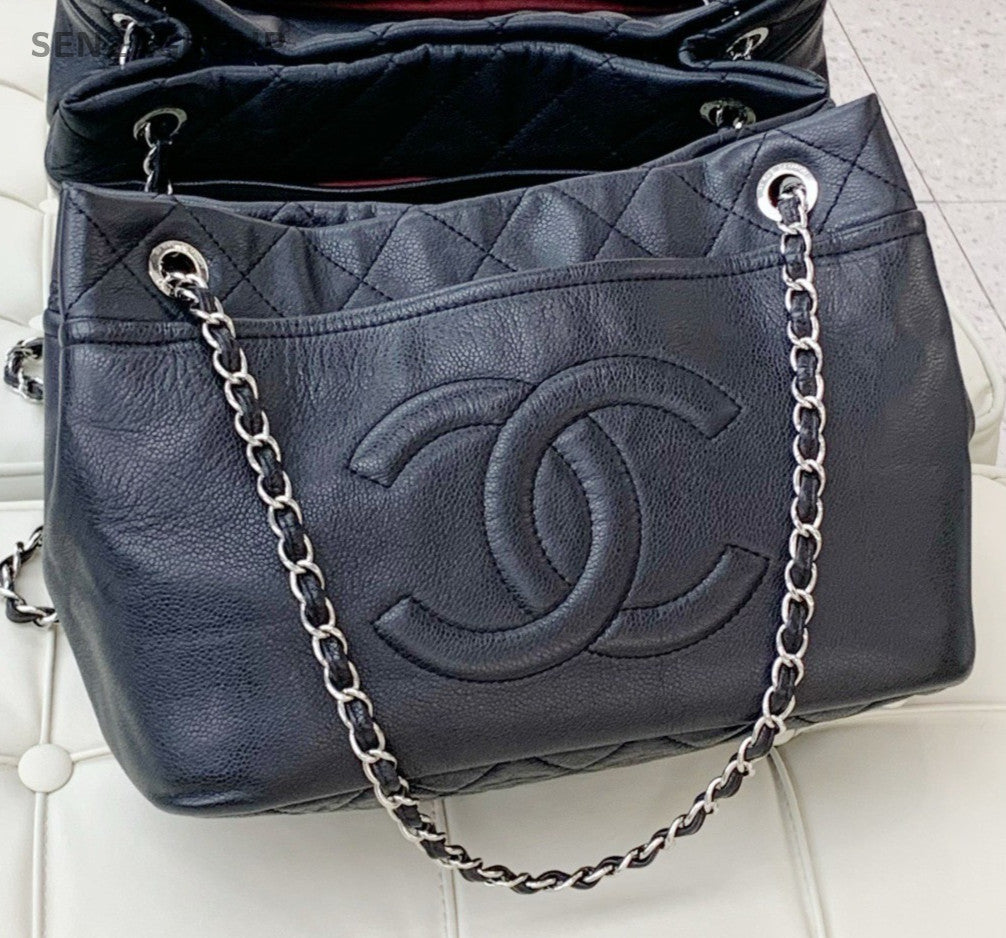 Chanel Calfskin Chain Tote Shoulder Bag Black Silver Women Classic CC Logo