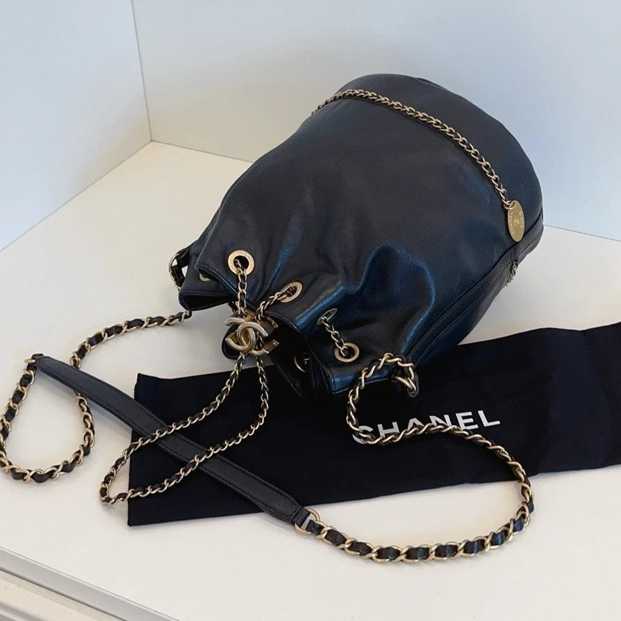 Chanel Greece Line Bucket Soft Calfskin Crossbody Bag Black Gold Women