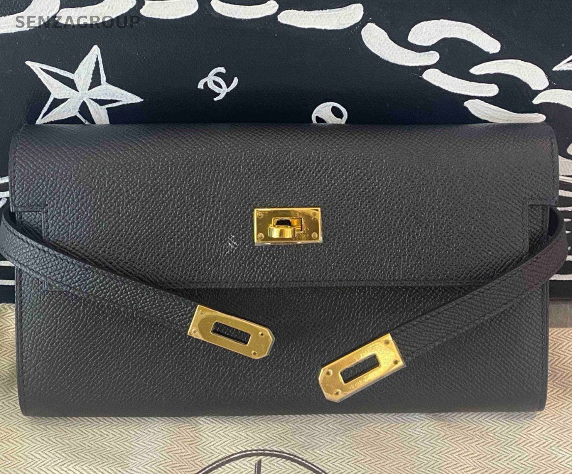 Hermes Kelly Long Wallet Epsom Leather Clutch Black Gold Used Women Classic