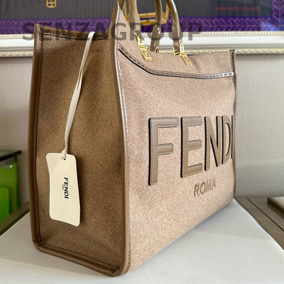 Fendi Brown Wool Large Tote Bag Classic Women's Handbag Shoulder Bag