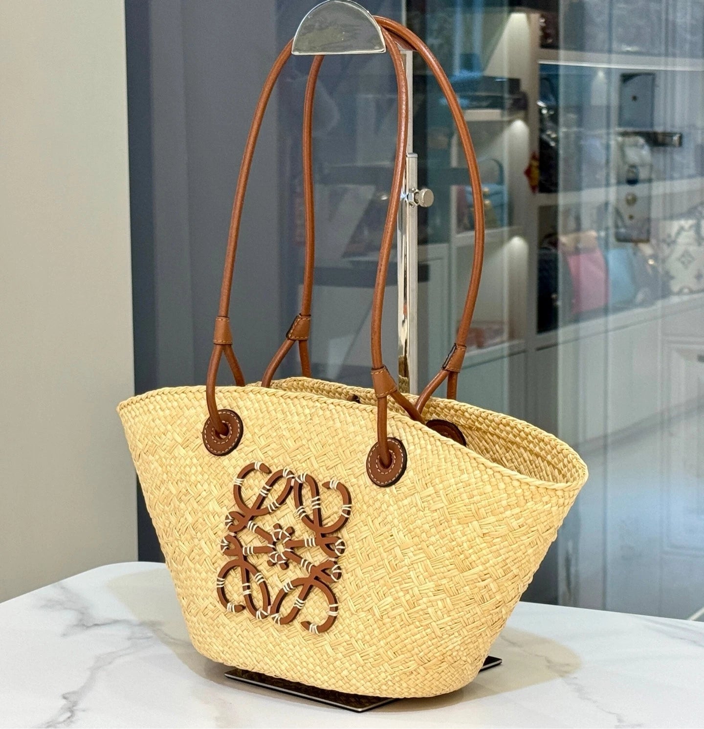 Loewe Women Palm Leaf Leather Woven Basket Shoulder Bag
