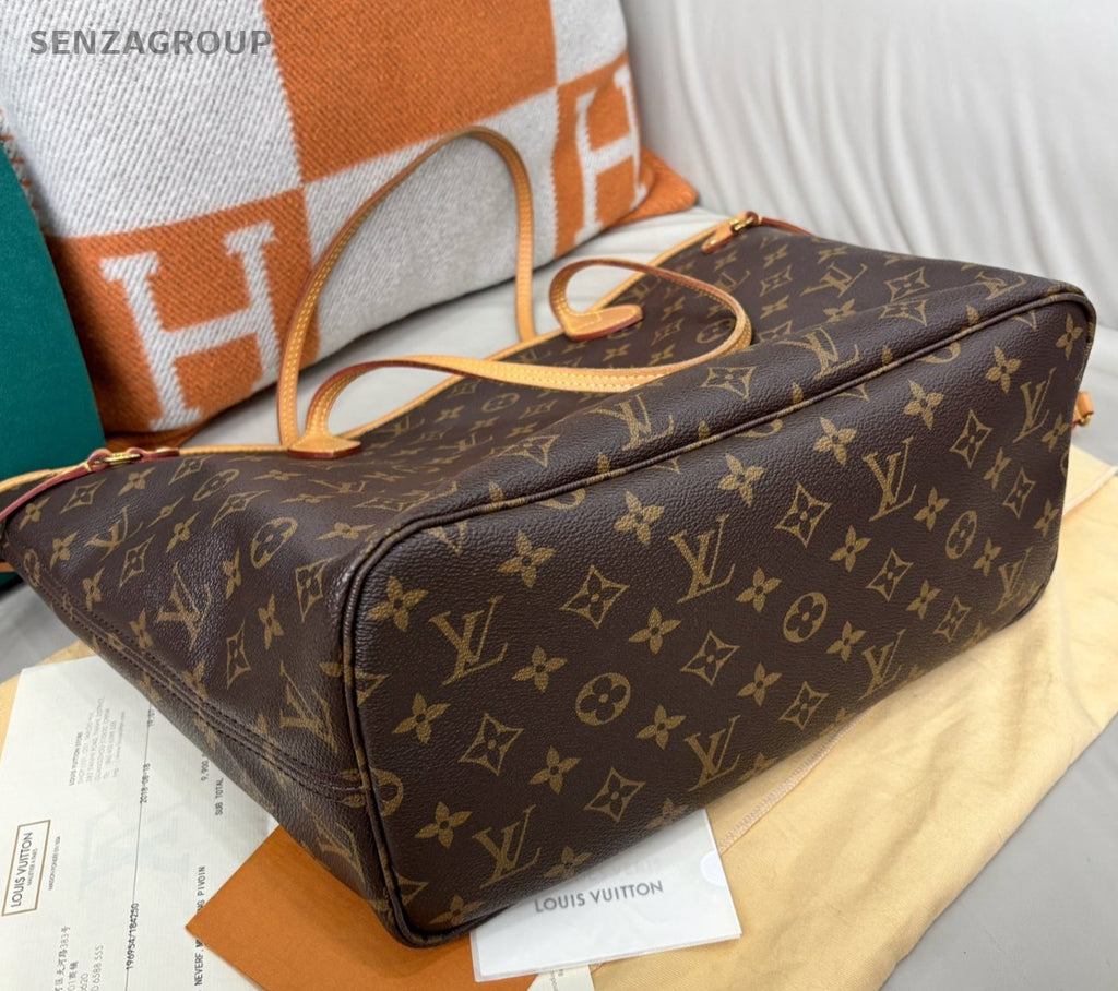 Louis Vuitton Neverfull MM Monogram Shoulder Bag Brown Red Gold Women Classic