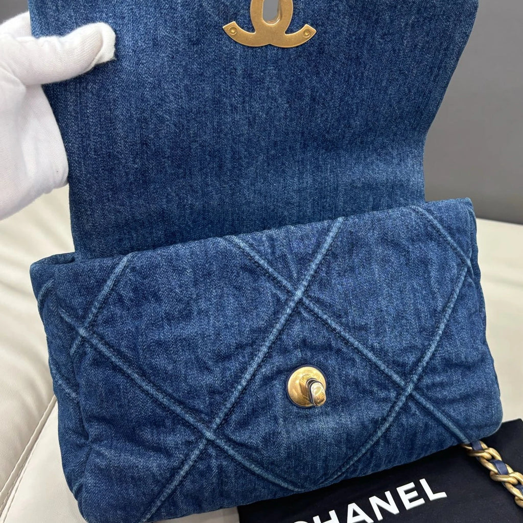 Chanel 19 Small Denim Flap Crossbody Bag Everyday Shoulder Bag Deep Blue Gold