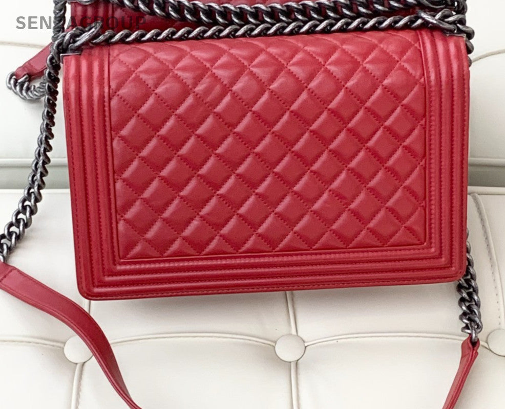 CHANEL Leboy GM Calfskin Chain Shoulder bag Red Silver Women Classic
