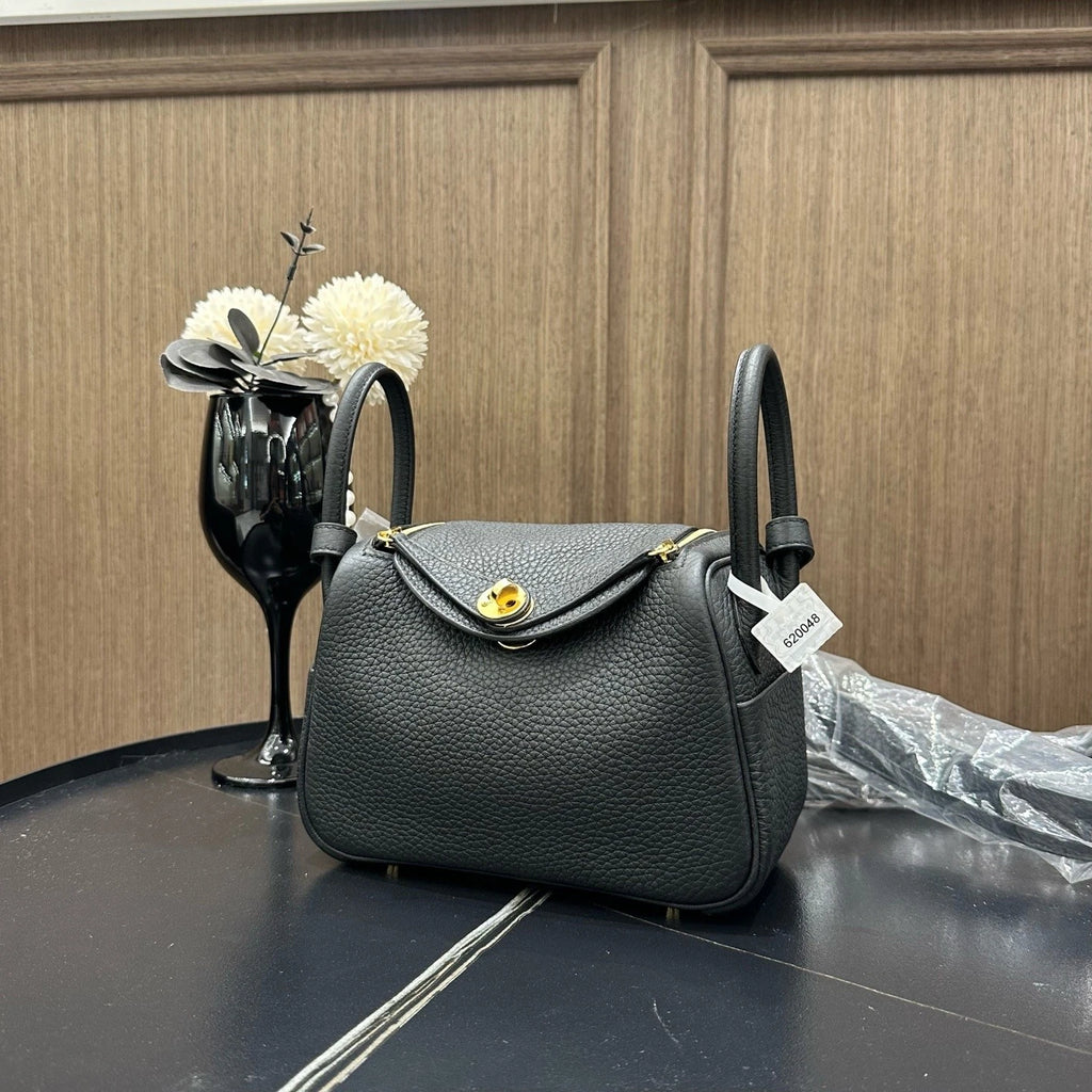 Hermes Mini Lindy Black Gold Togo Leather Top Handle Bag For Women