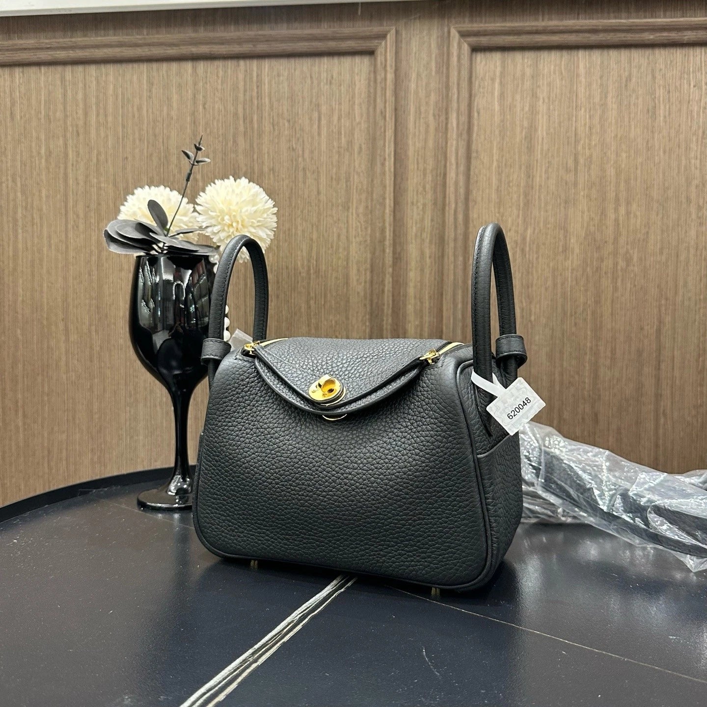 Hermes Mini Lindy Black Gold Togo Leather Top Handle Bag For Women