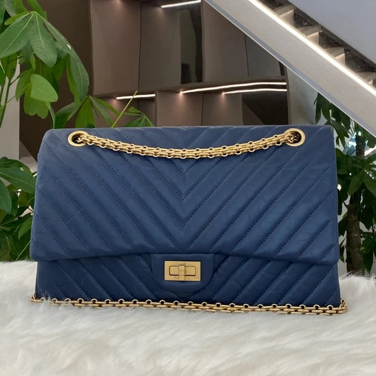 Chanel 2.55 Medium Flap Bag Blue Gold Chevron Classic Women's