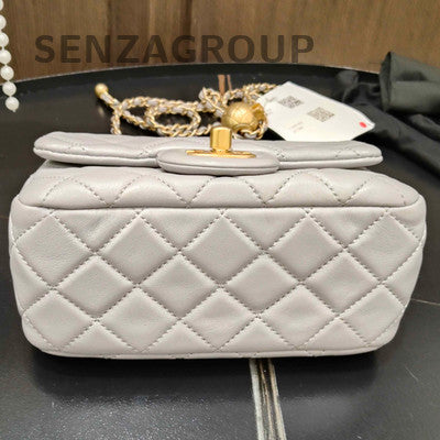 Chanel Classic Flap Quilted Chain Shoulder Bag Grey Gold