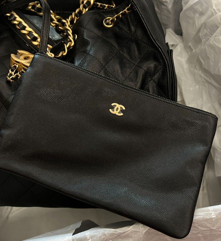 Chanel 25 Calfskin MM Chain Shoulder Bag Black Gold Used Women Classic Designer