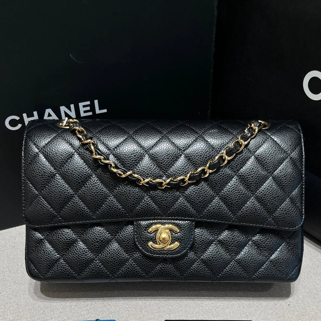 CHANEL Medium Classic Flap Black Gold Leather Shoulder Bag For Women