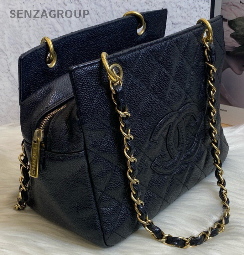 Chanel Diamond Chain Tote Shoulder Bag Black Gold Used Women Classic