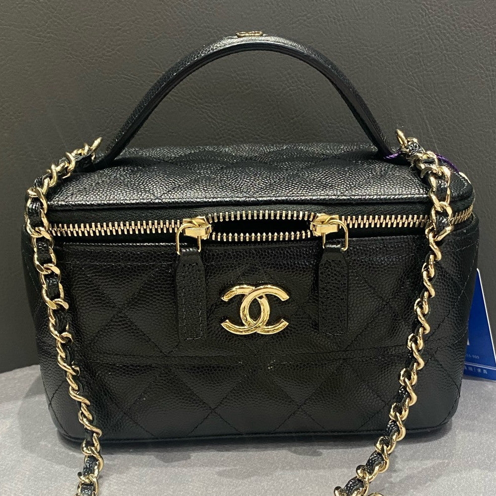 Chanel Black Gold Quilted Vanity Case Handbag Shoulder Bag
