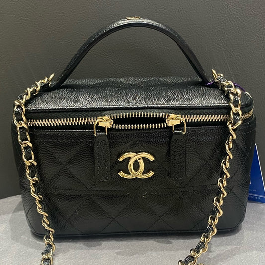 Chanel Black Gold Quilted Vanity Case Handbag Shoulder Bag