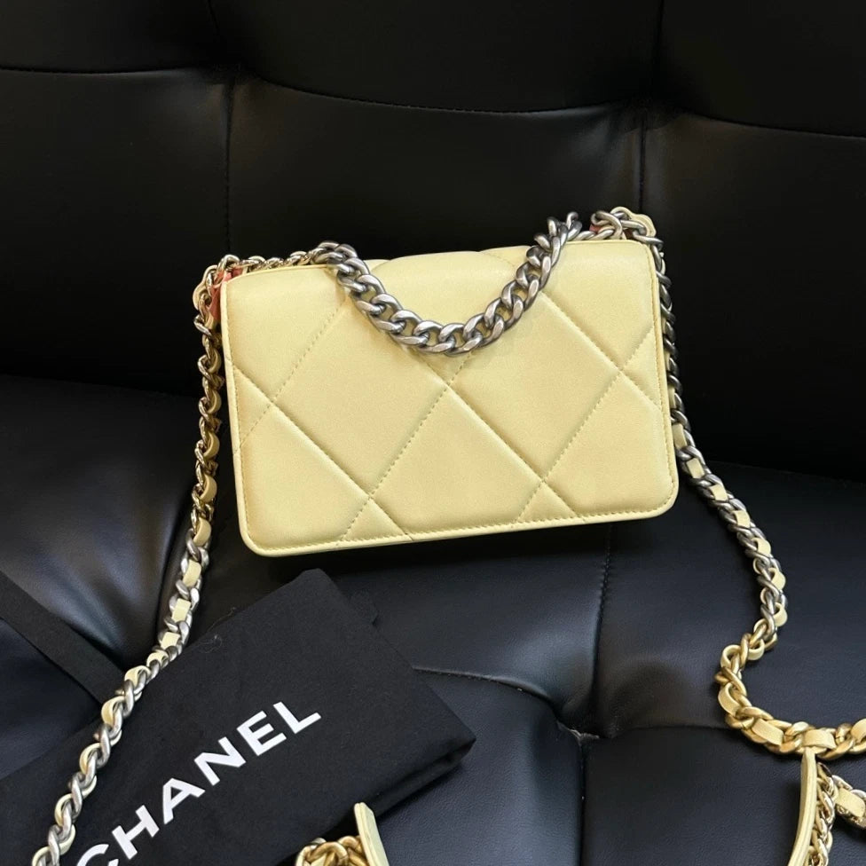 Chanel 19Bag WOC Chain Shoulder Bag Crossbody Yellow Silver Women Classic