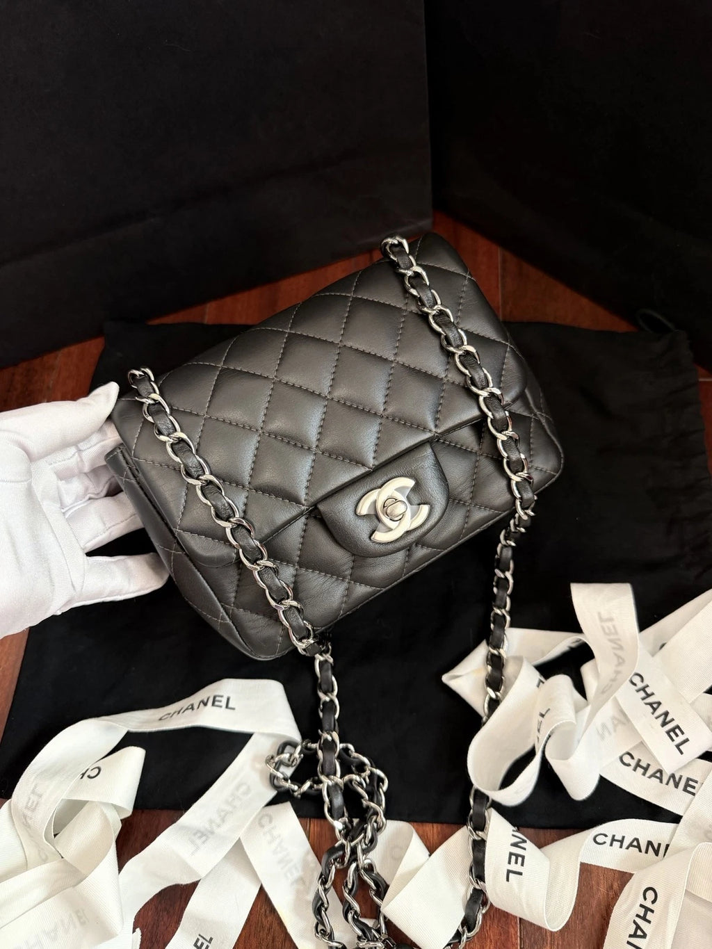 CHANEL Classic Flap Mini Square Crossbody Bag Women's Metallic Grey Quilted