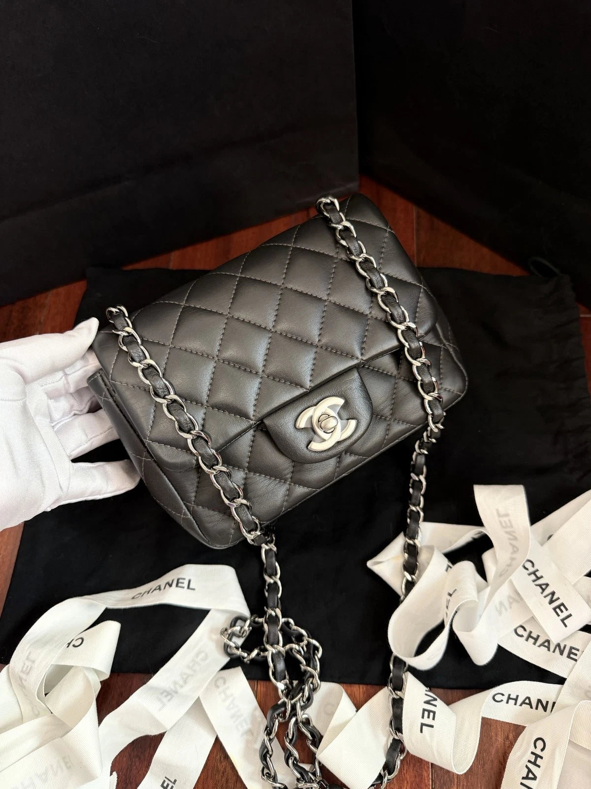 CHANEL Classic Flap Mini Square Crossbody Bag Women's Metallic Grey Quilted