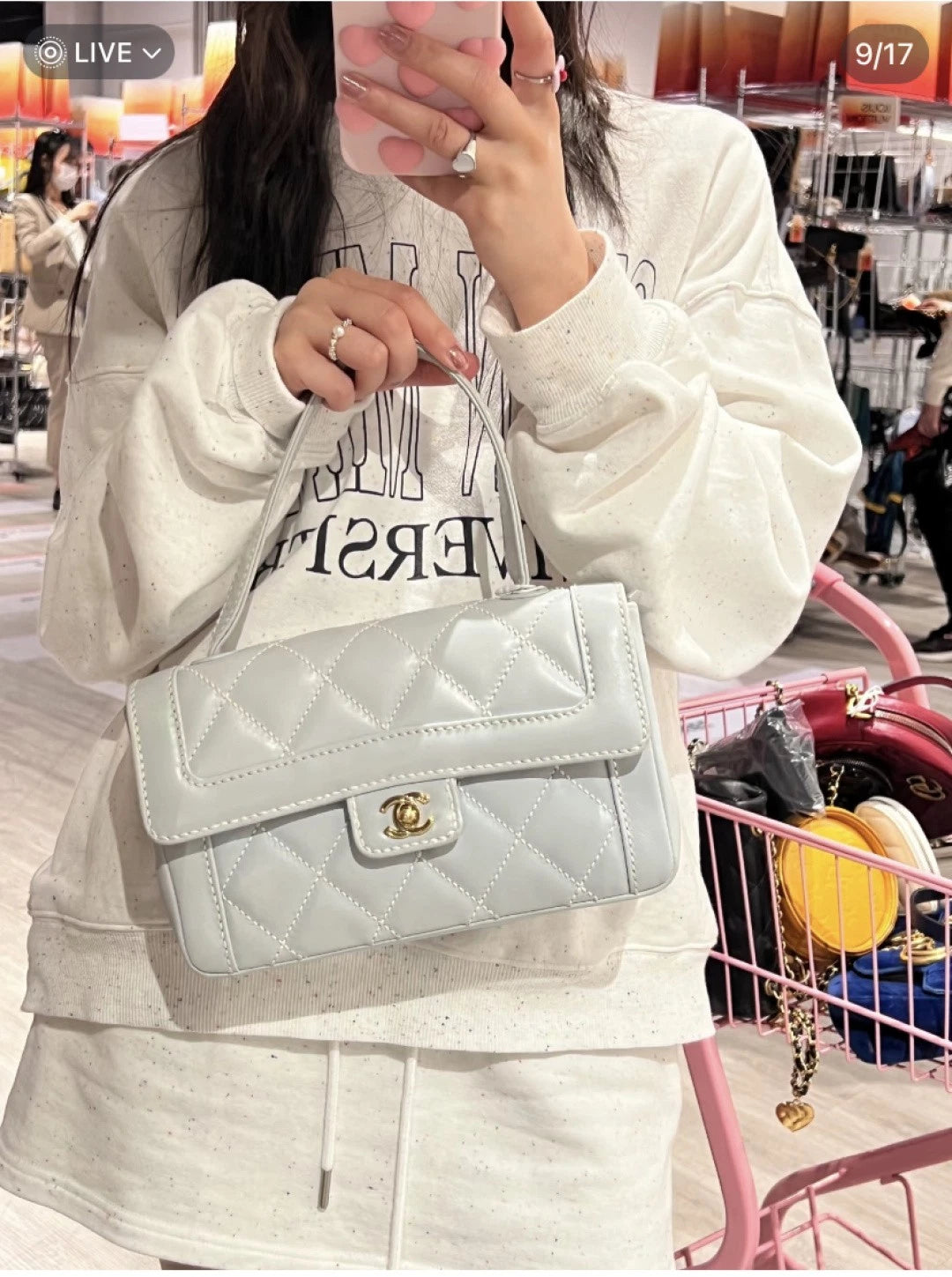 Chanel Calfskin Diamond Top Handle Shoulder Bag White Gold Hardware Women S