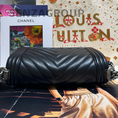 Chanel Le Boy Black Silver Chevron Chain Shoulder Crossbody Bag