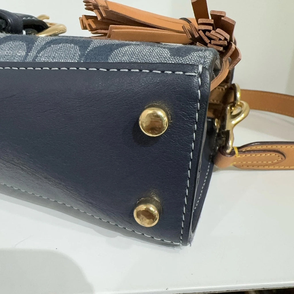 Coach Women's Denim Blue Logo Print Flap Shoulder Crossbody Handbag Medium
