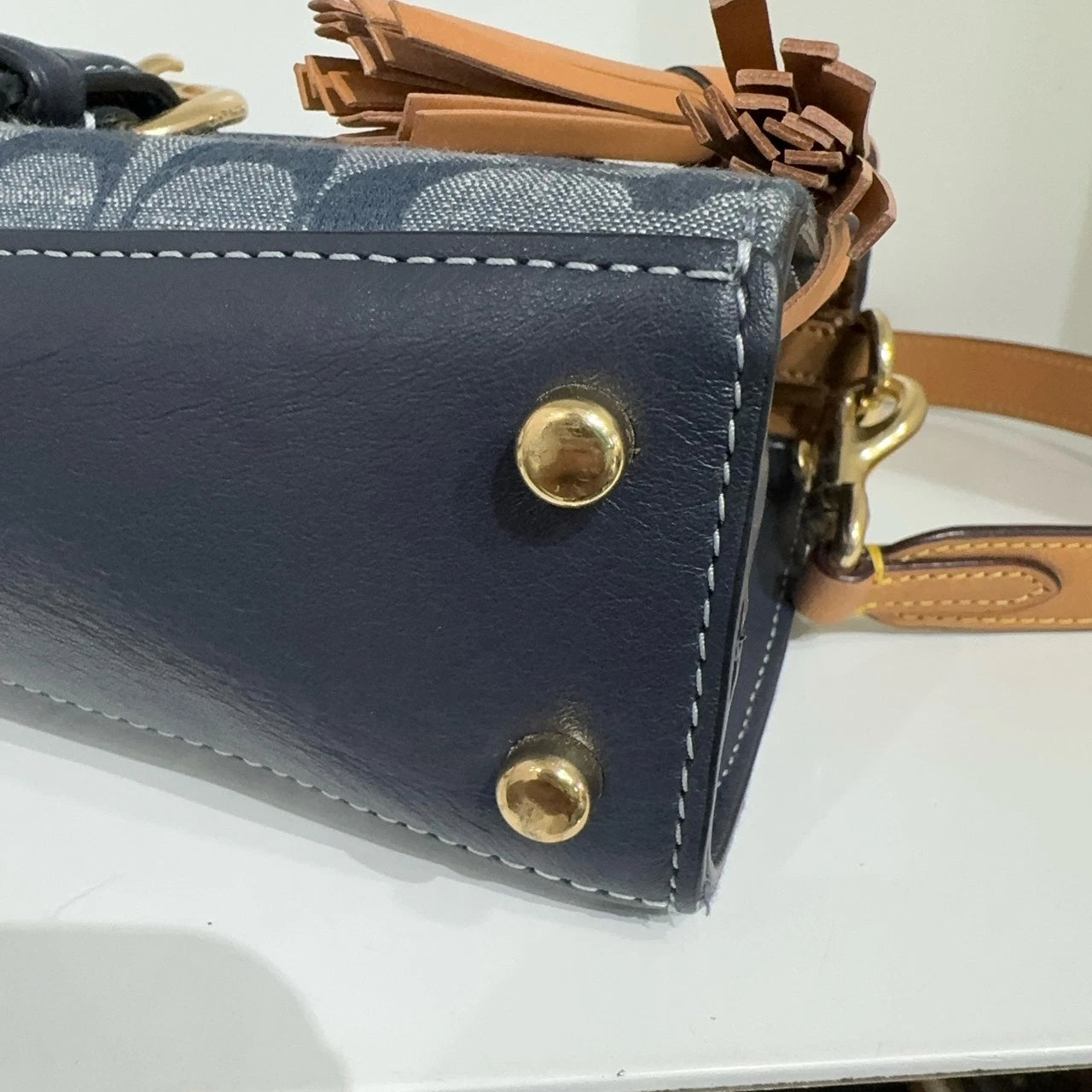 Coach Women's Denim Blue Logo Print Flap Shoulder Crossbody Handbag Medium