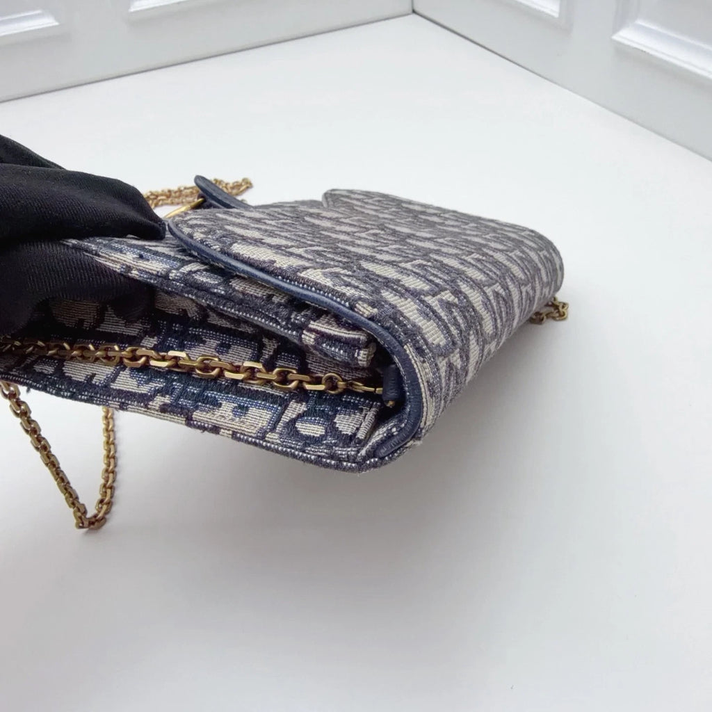 Christian Dior Oblique Canvas WOC Gold Chain Navy Shoulder Bag Crossbody