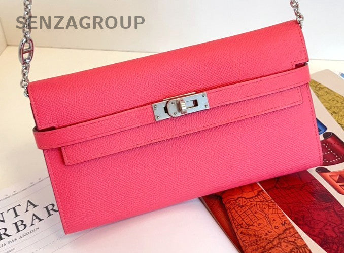 Hermes Kelly Long Wallet Epsom Leather DIY Chain Pink Women Almost Brand NEW