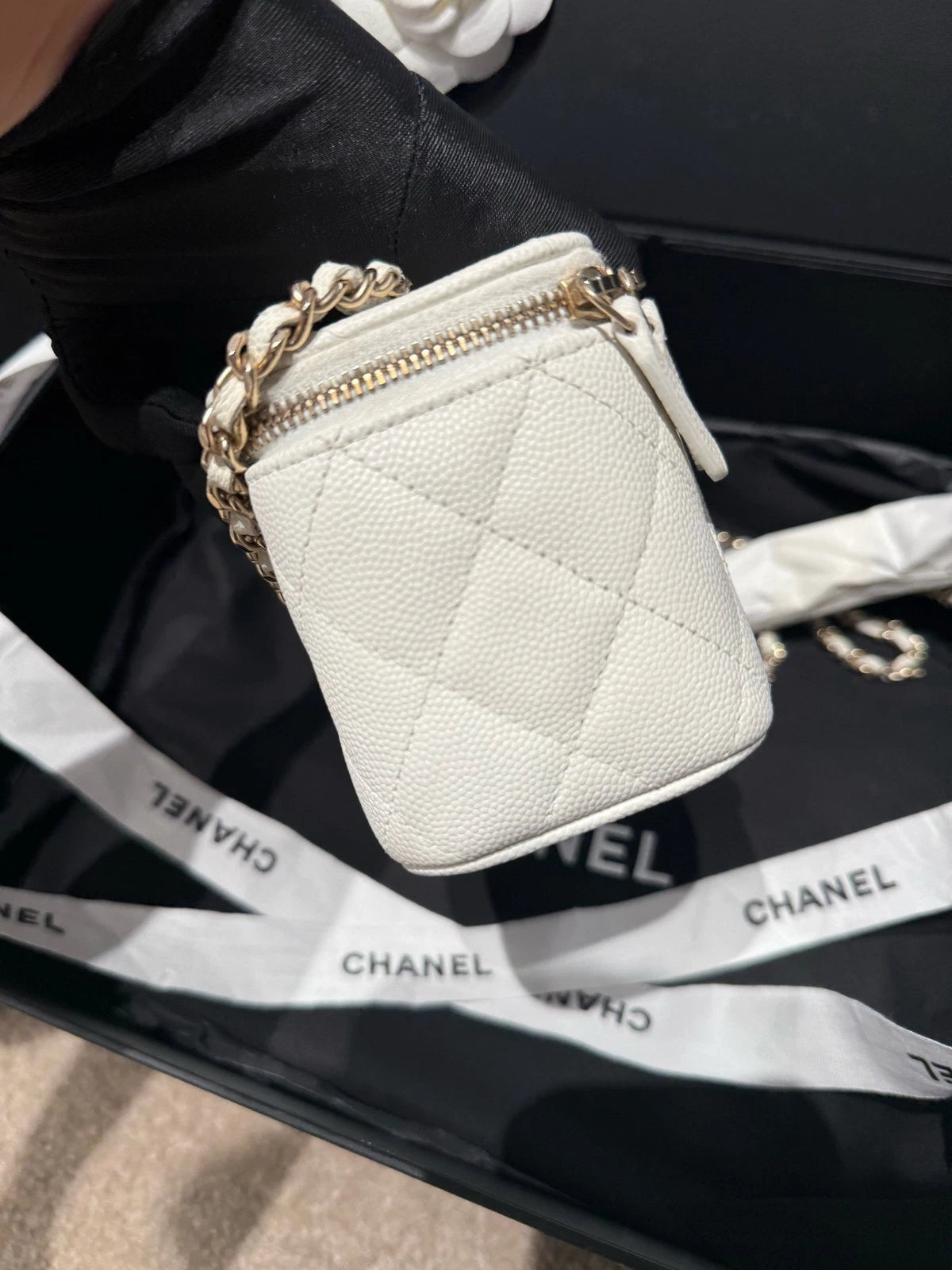 Chanel Vanity Leather Gold White Shoulder Bag Excellent