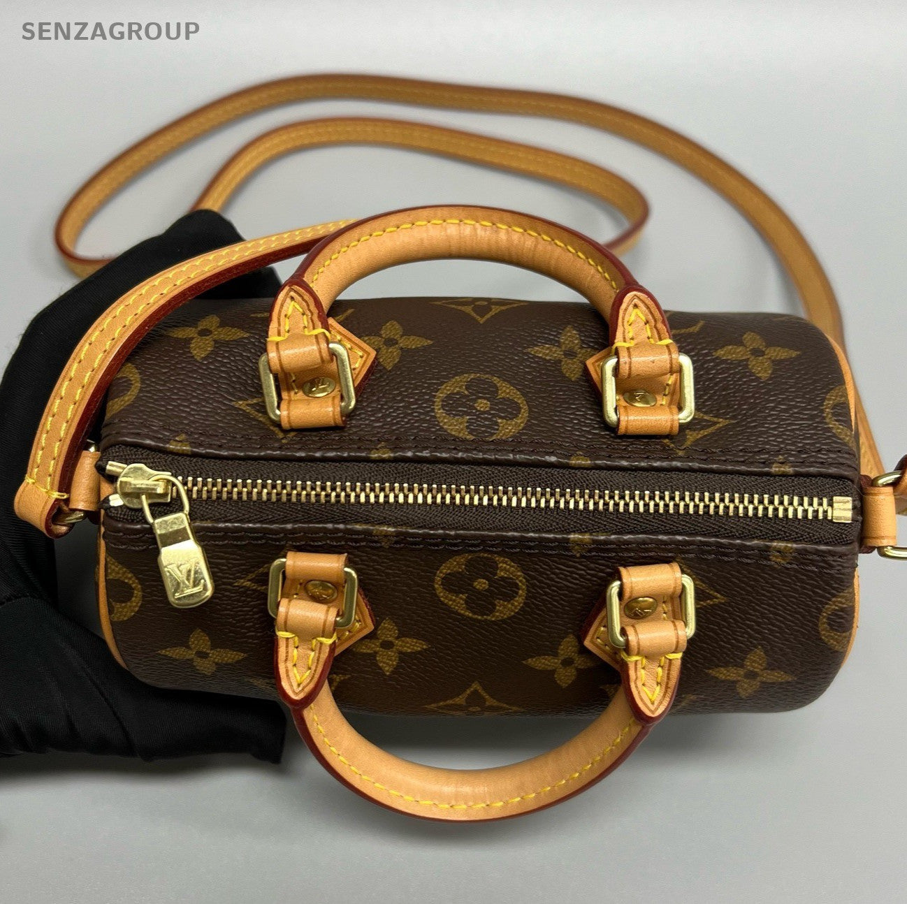 Louis Vuitton Speedy Nano Monogram Top Handle Bag Crossbody Brown Gold Women