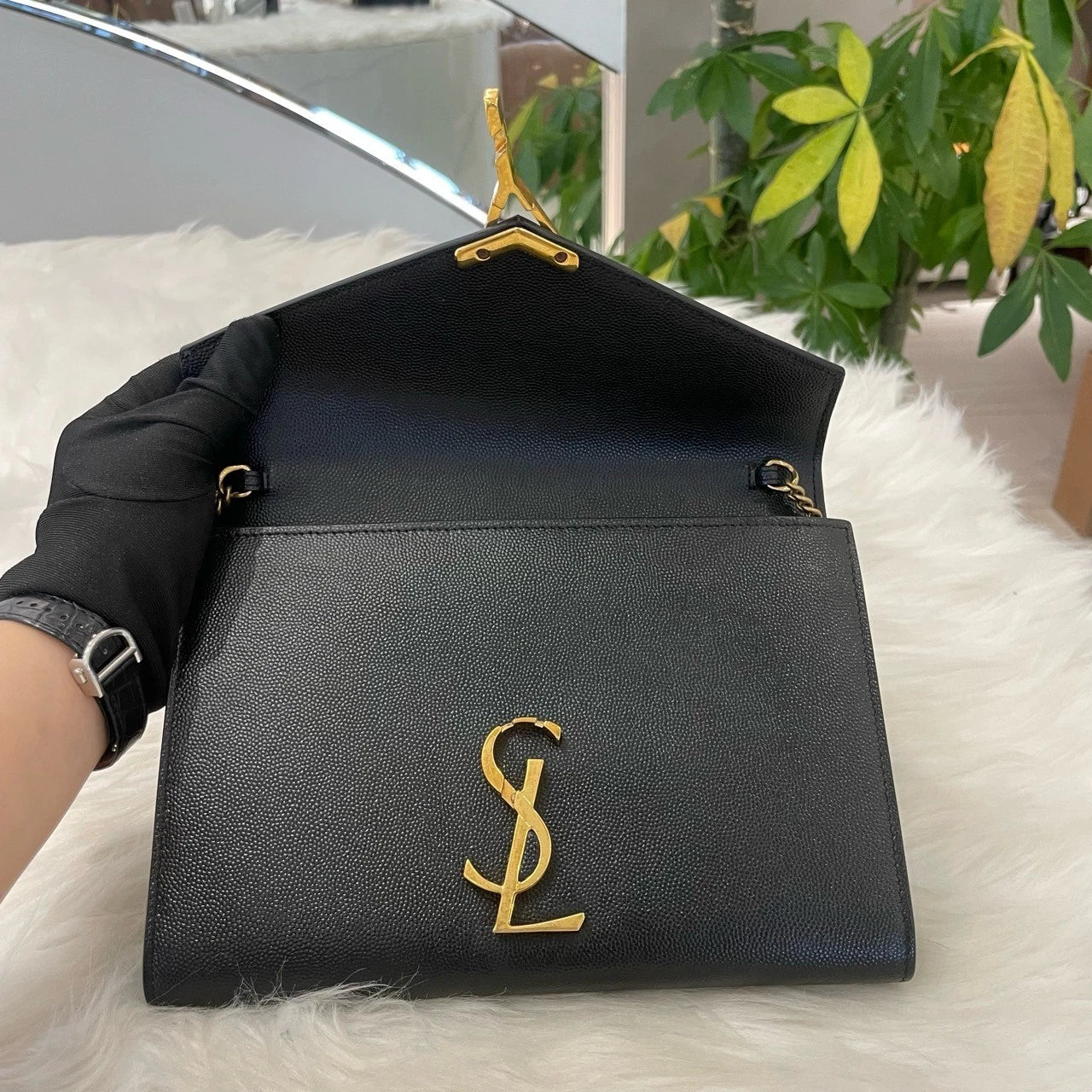 Saint Laurent Envelope Chain Shoulder Crossbody Bag Black Gold Classic
