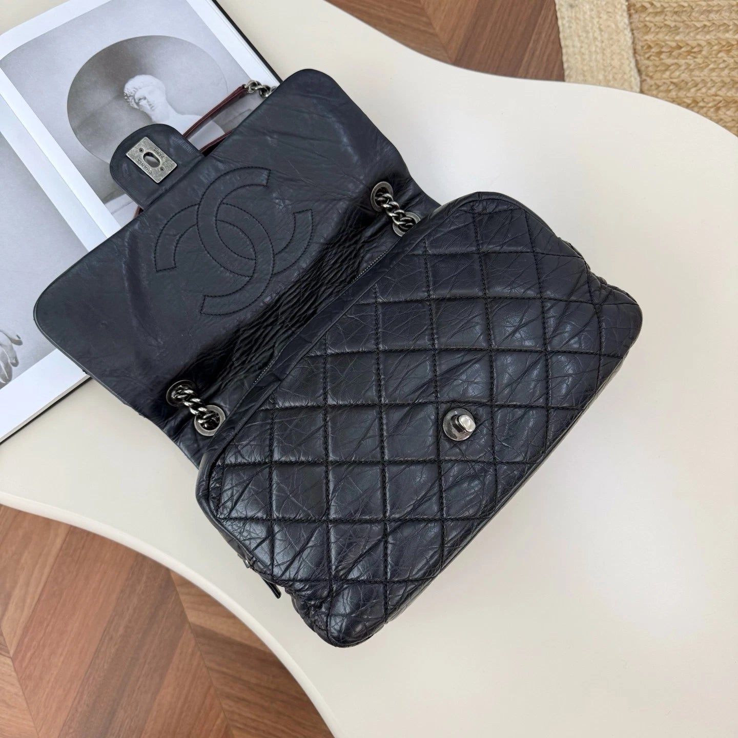 Chanel Classic Flap Diamond Calfskin Chain Shoulder Bag Black Silver Used Women