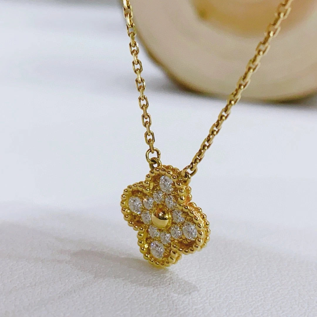Van Cleef &amp; Arpels Vintage Alhambra 18K Yellow Gold Pendant Necklace 12 Diamonds