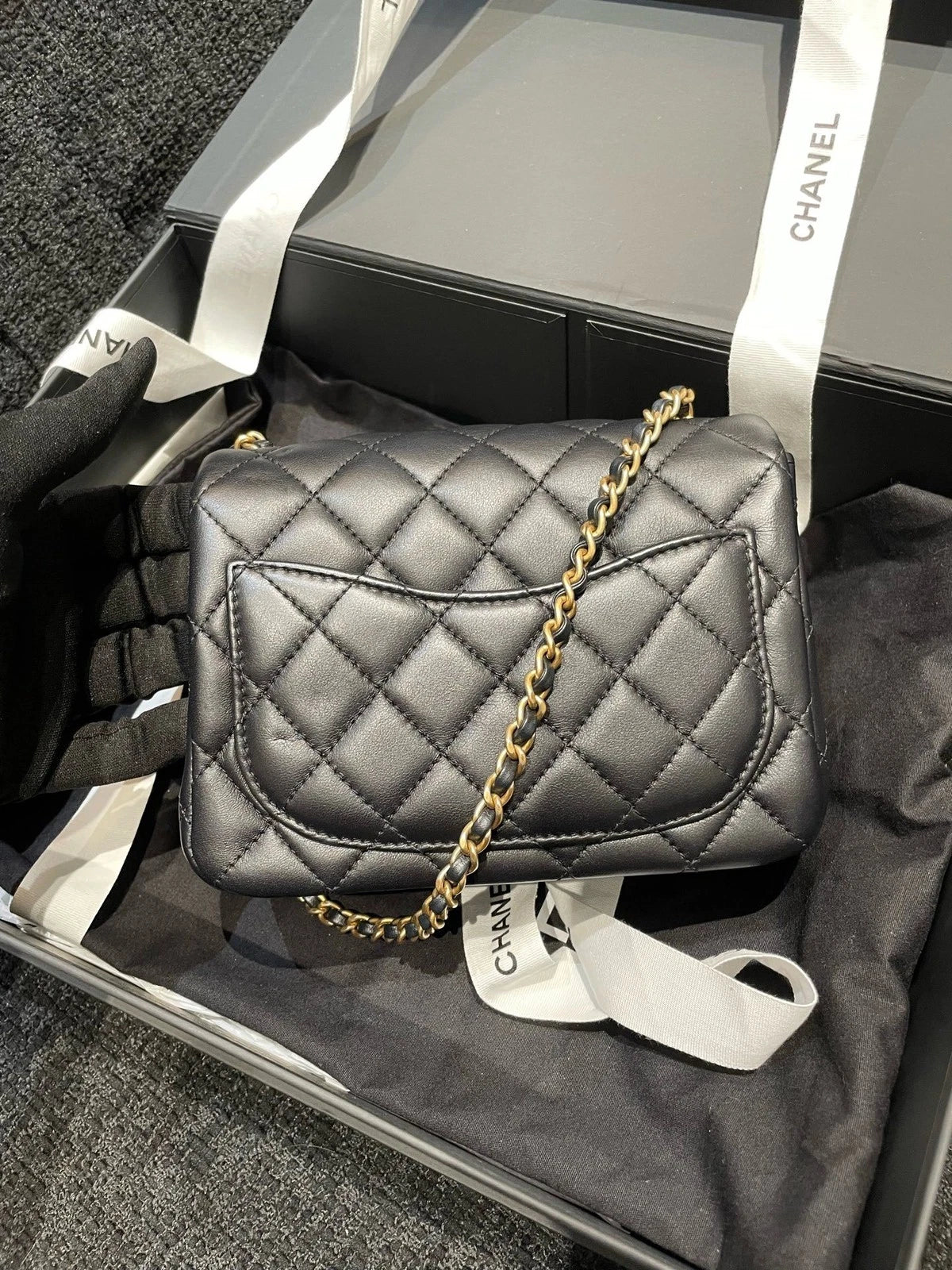 CHANEL New Leather Black Gold Square Mini Crossbody Bag For Women