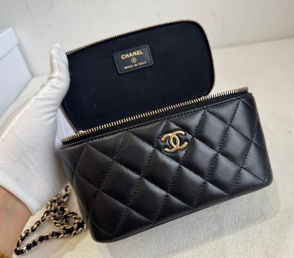 Chanel Vanity Case Diamond Top Handle Chain Crossbody Black Gold Women Classic