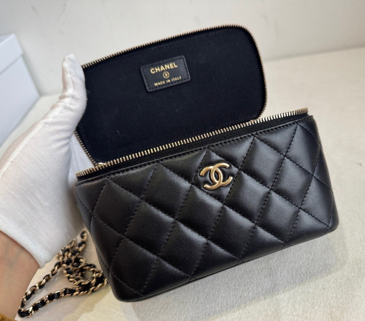 Chanel Vanity Case Diamond Top Handle Chain Crossbody Black Gold Women Classic