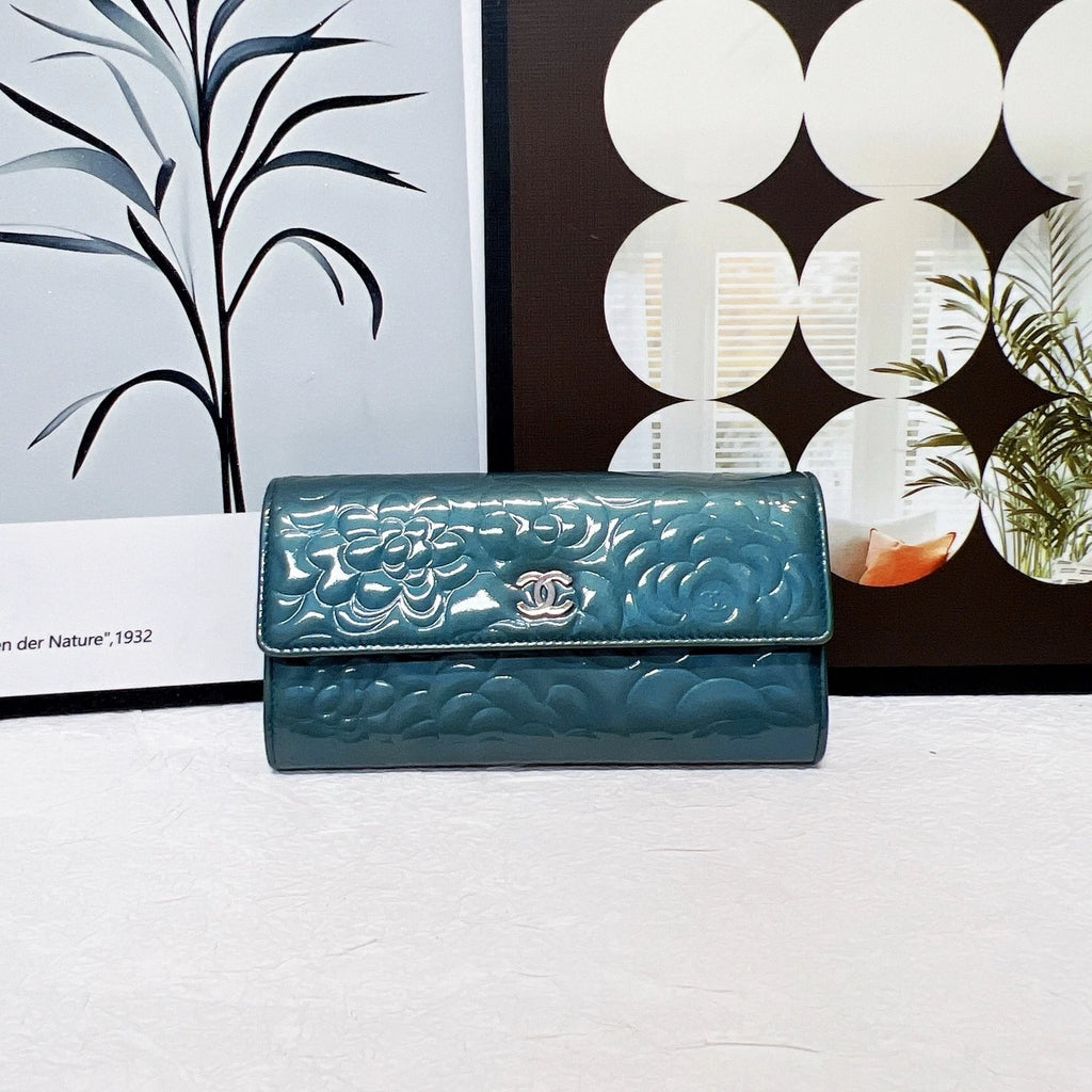 CHANEL Camellia Patent Leather Long Royal Blue Wallet For Women