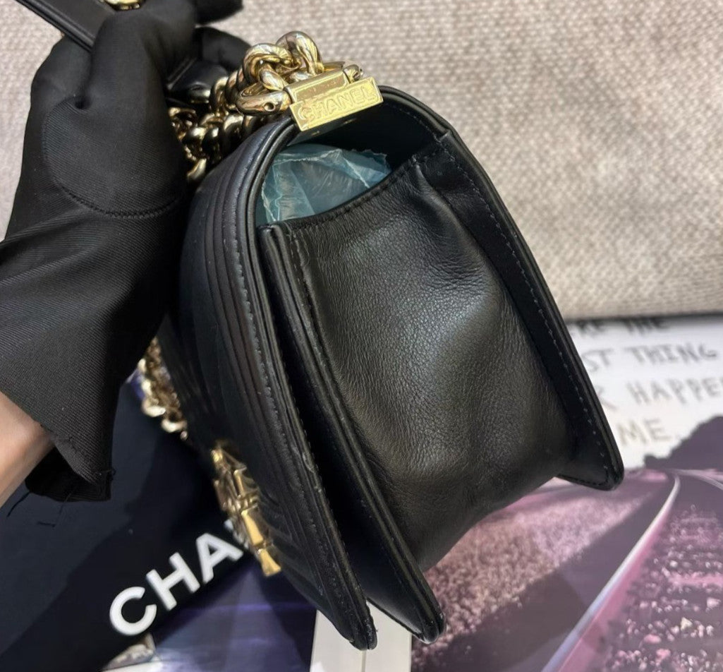 Chanel Leboy PM Chain Calfskin Shoulder Bag Crossbody Black Gold Women Classic