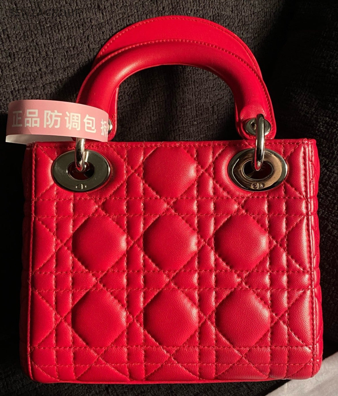 Christian Dior Lady Dior 2Way Top Handle Bag Crossbody Red Silver Women Classic