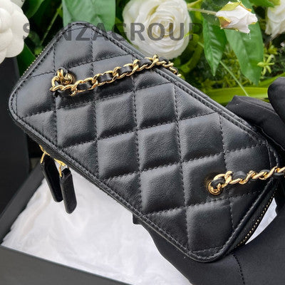 Chanel 24P Black Gold Heart Chain Long Box Makeup Bag Crossbody