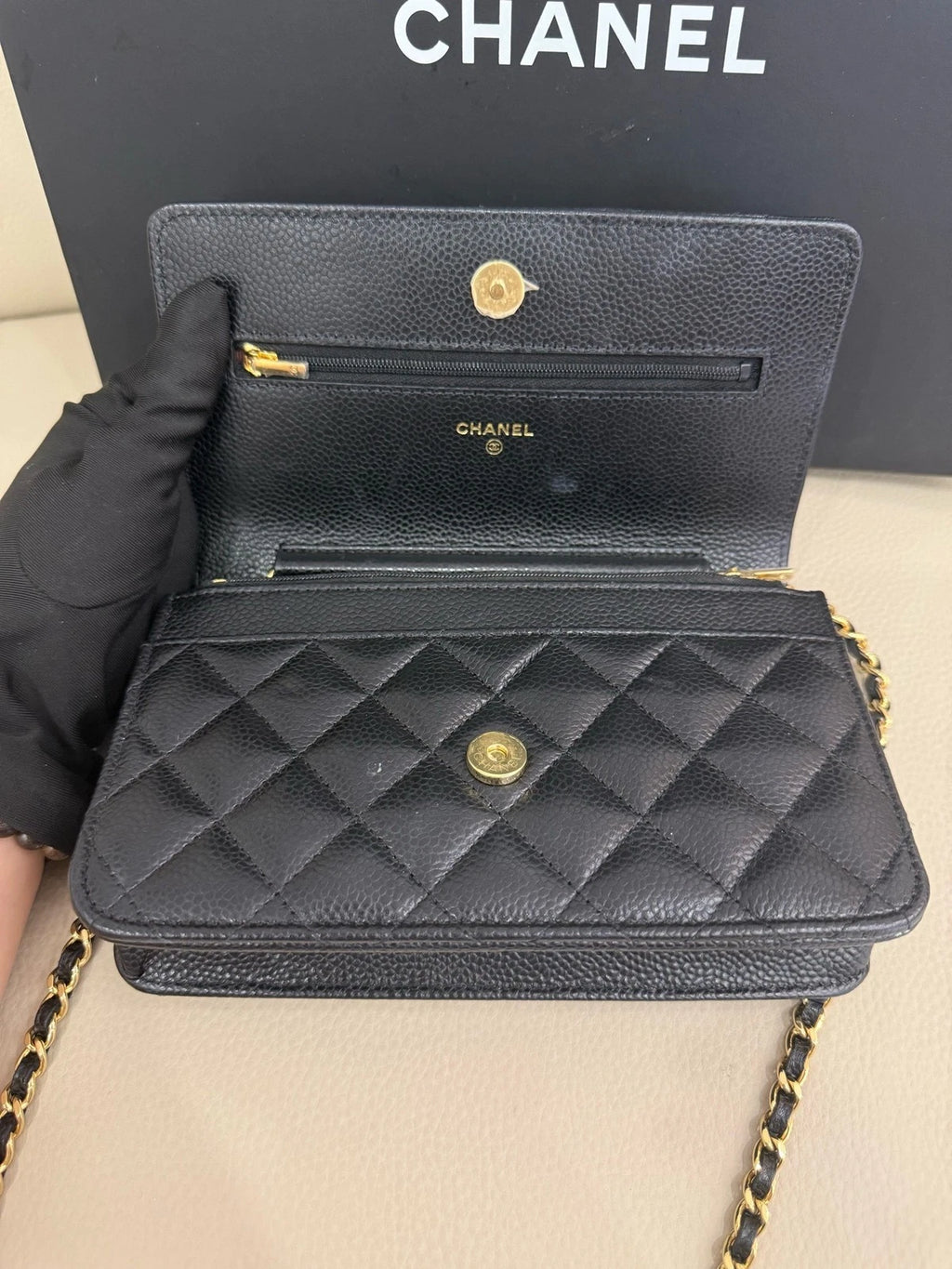 CHANEL Black Gold Leather WOC Crossbody Bag For Women